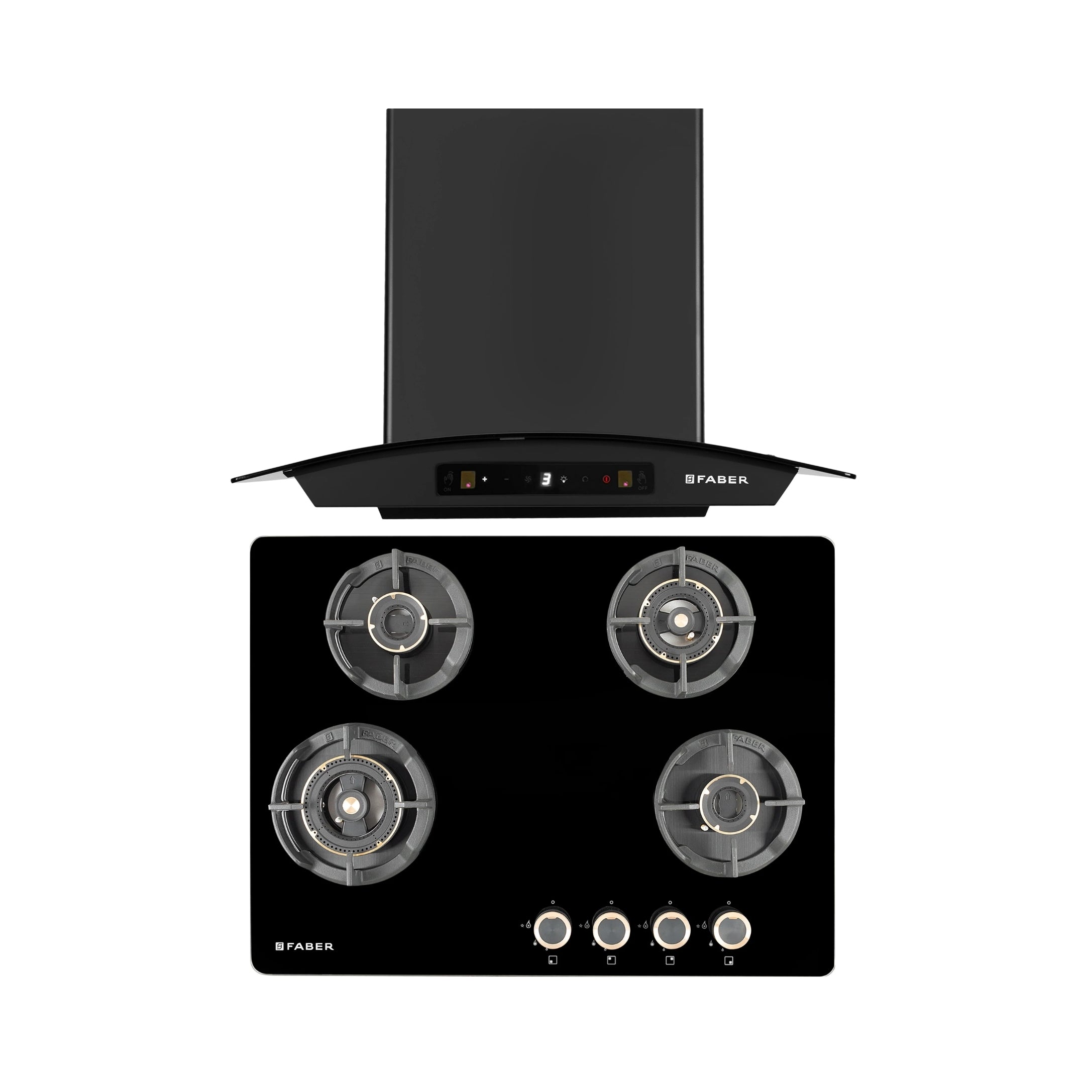 Faber 60 cm Wall Mounted Chimney Zeal Series HOOD ZEAL BLDC HC SC FL BK IN 60 C + Faber 70 cm 4 Burner Hob Experia Series EXPERIA HT 704 ALU AI