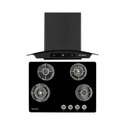 Faber 60 cm Wall Mounted Chimney Zeal Series HOOD ZEAL BLDC HC SC FL BK IN 60 C + Faber 70 cm 4 Burner Hob Experia Series EXPERIA HT 704 ALU AI