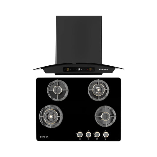 Faber 60 cm Wall Mounted Chimney Zeal Series HOOD ZEAL BLDC HC SC FL BK IN 60 C + Faber 70 cm 4 Burner Hob Experia Series EXPERIA HT 704 ALU AI