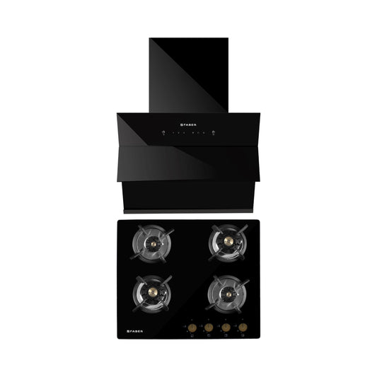 Faber 60 cm Wall Mounted Chimney Auto Clean Series HOOD ARIES FL HC SC BK IN 60 + Faber 60 cm 4 Burner Hob Maxus Series MAXUS HT 604 CRS BR CI AI