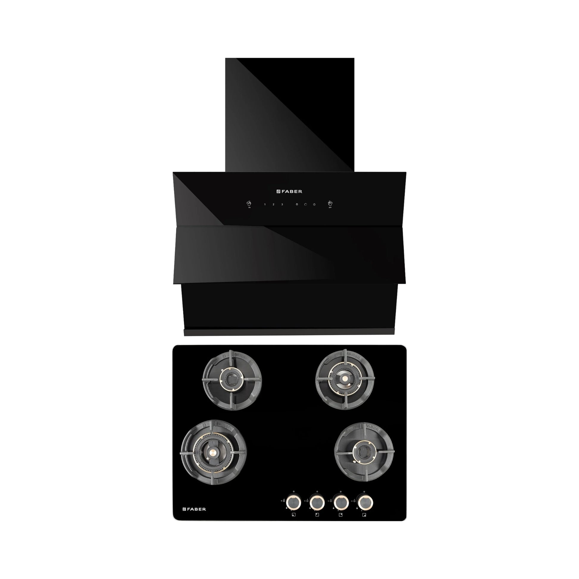 Faber 60 cm Wall Mounted Chimney Auto Clean Series HOOD ARIES FL HC SC BK IN 60 + Faber 70 cm 4 Burner Hob Experia Series EXPERIA HT 704 ALU AI