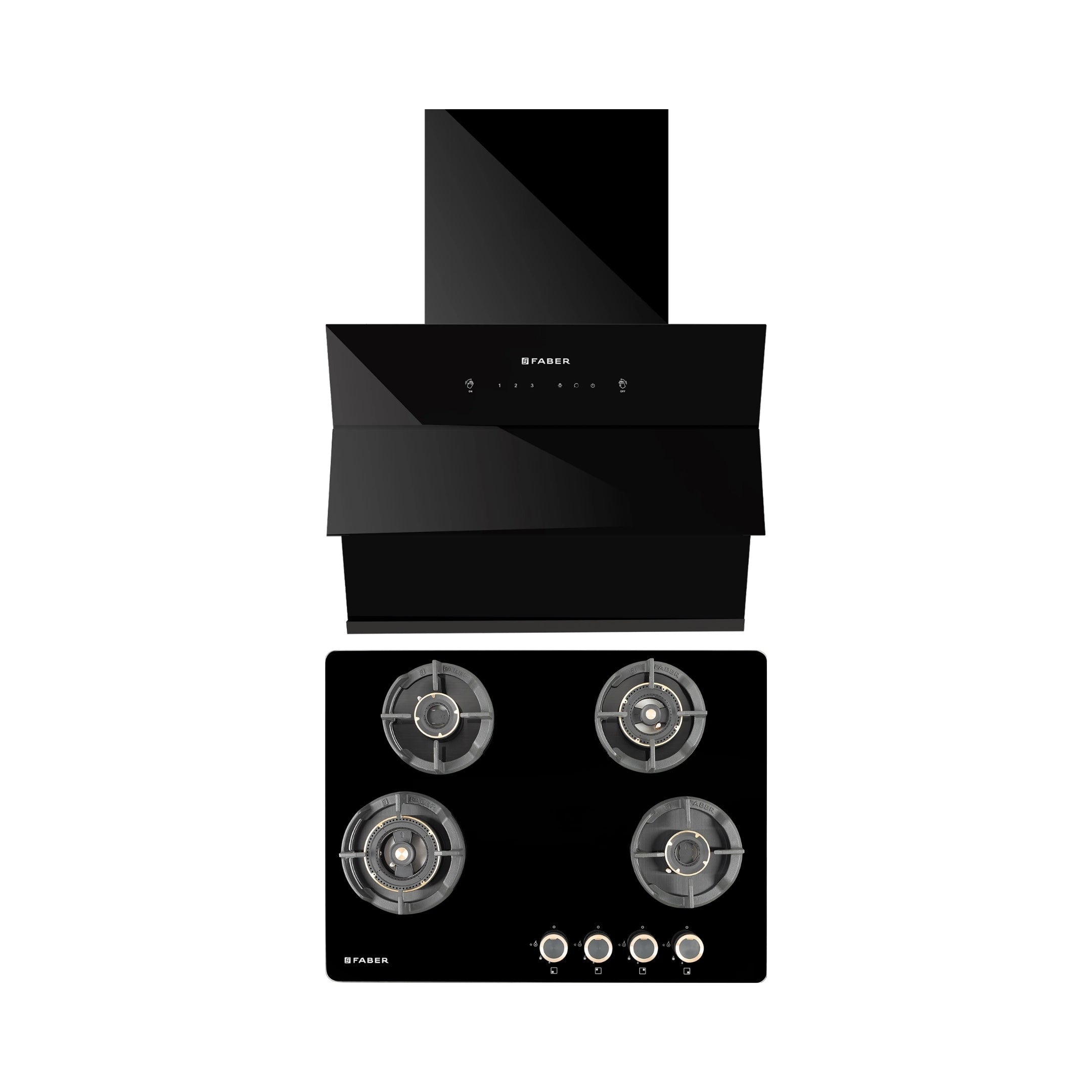 Faber 60 cm Wall Mounted Chimney Auto Clean Series HOOD ARIES FL HC SC BK IN 60 + Faber 70 cm 4 Burner Hob Experia Series EXPERIA HT 704 ALU AI