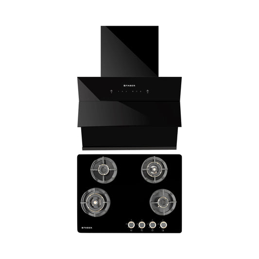 Faber 60 cm Wall Mounted Chimney Auto Clean Series HOOD ARIES FL HC SC BK IN 60 + Faber 70 cm 4 Burner Hob Experia Series EXPERIA HT 704 ALU AI