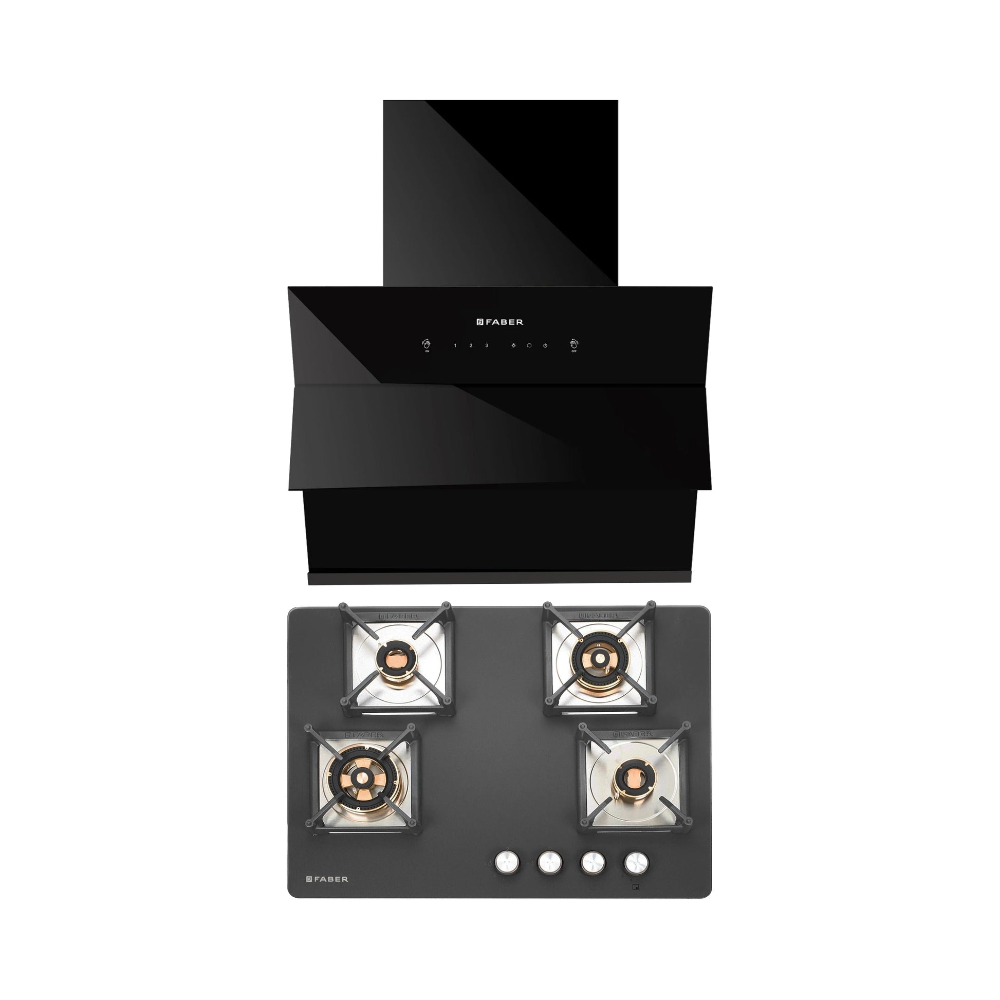 Faber 60 cm Wall Mounted Chimney Auto Clean Series HOOD ARIES FL HC SC BK IN 60 + Faber 70 cm 4 Burner Hob Bella Series BELLA HT 704 BR AI
