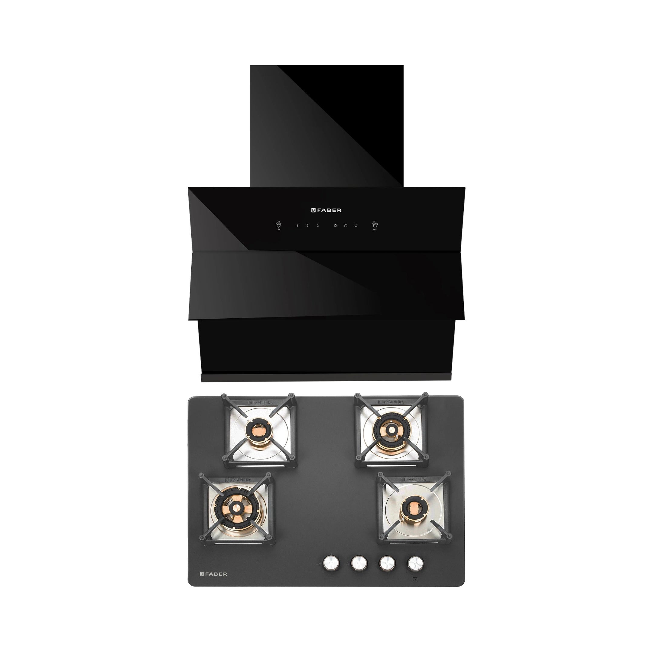 Faber 60 cm Wall Mounted Chimney Auto Clean Series HOOD ARIES FL HC SC BK IN 60 + Faber 70 cm 4 Burner Hob Bella Series BELLA HT 704 BR AI