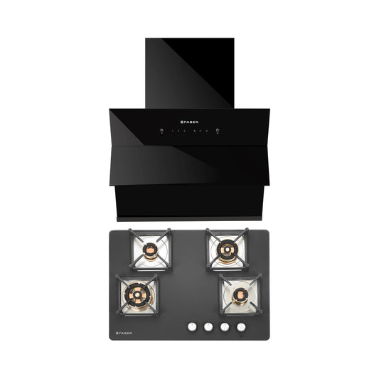 Faber 60 cm Wall Mounted Chimney Auto Clean Series HOOD ARIES FL HC SC BK IN 60 + Faber 70 cm 4 Burner Hob Bella Series BELLA HT 704 BR AI