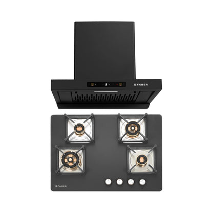 Faber 60 cm Wall Mounted Chimney Charm Series HOOD CHARM BLDC HC SC FL BK IN 60 T + Faber 70 cm 4 Burner Hob Bella Series BELLA HT 704 BR AI