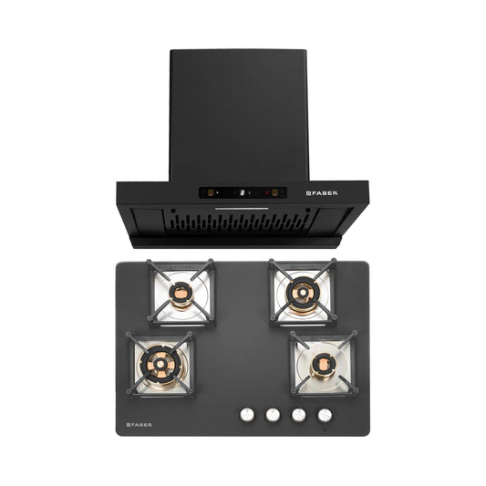 Faber 60 cm Wall Mounted Chimney Charm Series HOOD CHARM BLDC HC SC FL BK IN 60 T + Faber 70 cm 4 Burner Hob Bella Series BELLA HT 704 BR AI