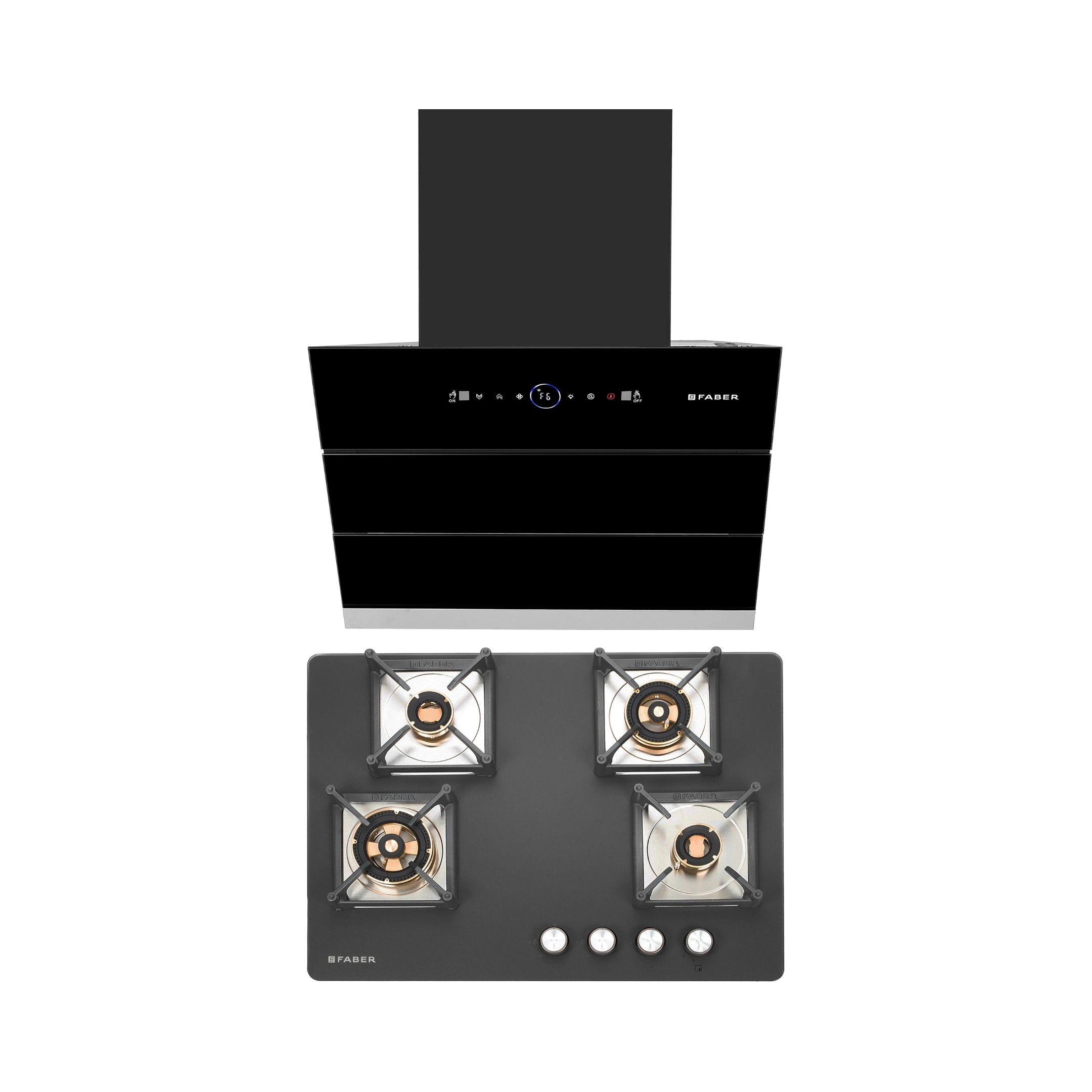 Faber 60 cm Wall Mounted Chimney Gen-I Series COMET BLDC FL HC BK 60 + Faber 70 cm 4 Burner Hob Bella Series BELLA HT 704 BR AI