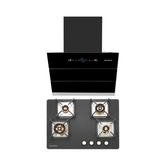 Faber 60 cm Wall Mounted Chimney Gen-I Series COMET BLDC FL HC BK 60 + Faber 70 cm 4 Burner Hob Bella Series BELLA HT 704 BR AI