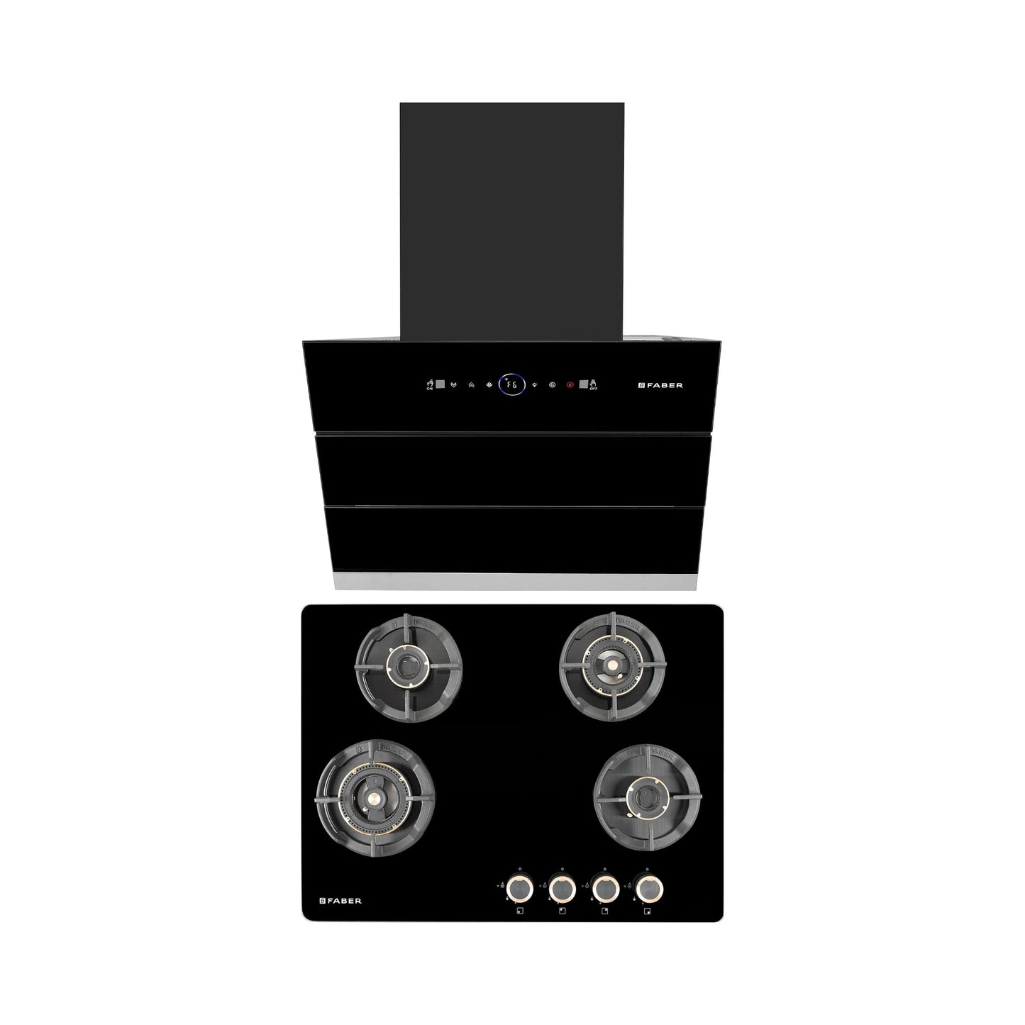 Faber 60 cm Wall Mounted Chimney Gen-I Series COMET BLDC FL HC BK 60 + Faber 70 cm 4 Burner Hob Experia Series EXPERIA HT 704 ALU AI