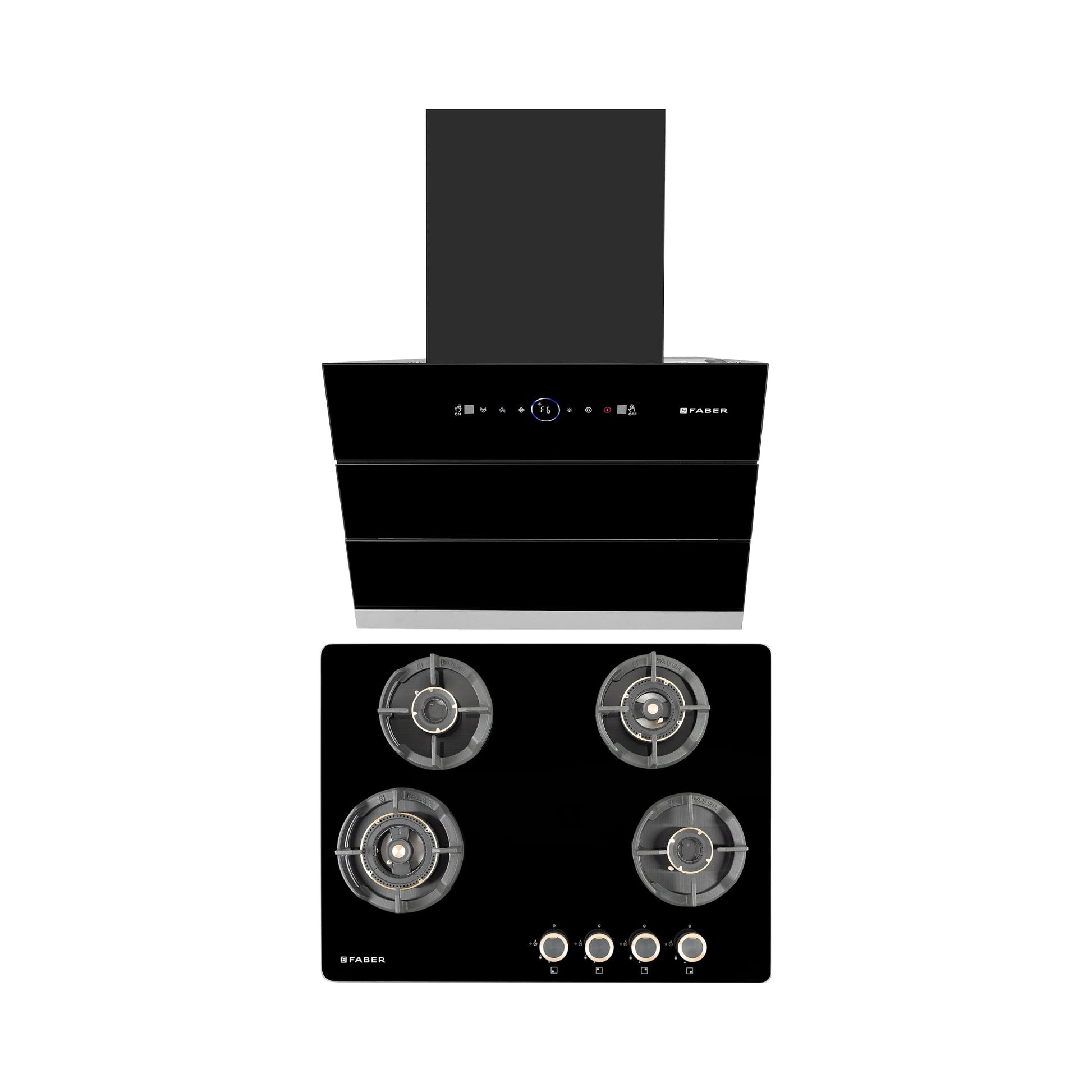 Faber 60 cm Wall Mounted Chimney Gen-I Series COMET BLDC FL HC BK 60 + Faber 70 cm 4 Burner Hob Experia Series EXPERIA HT 704 ALU AI