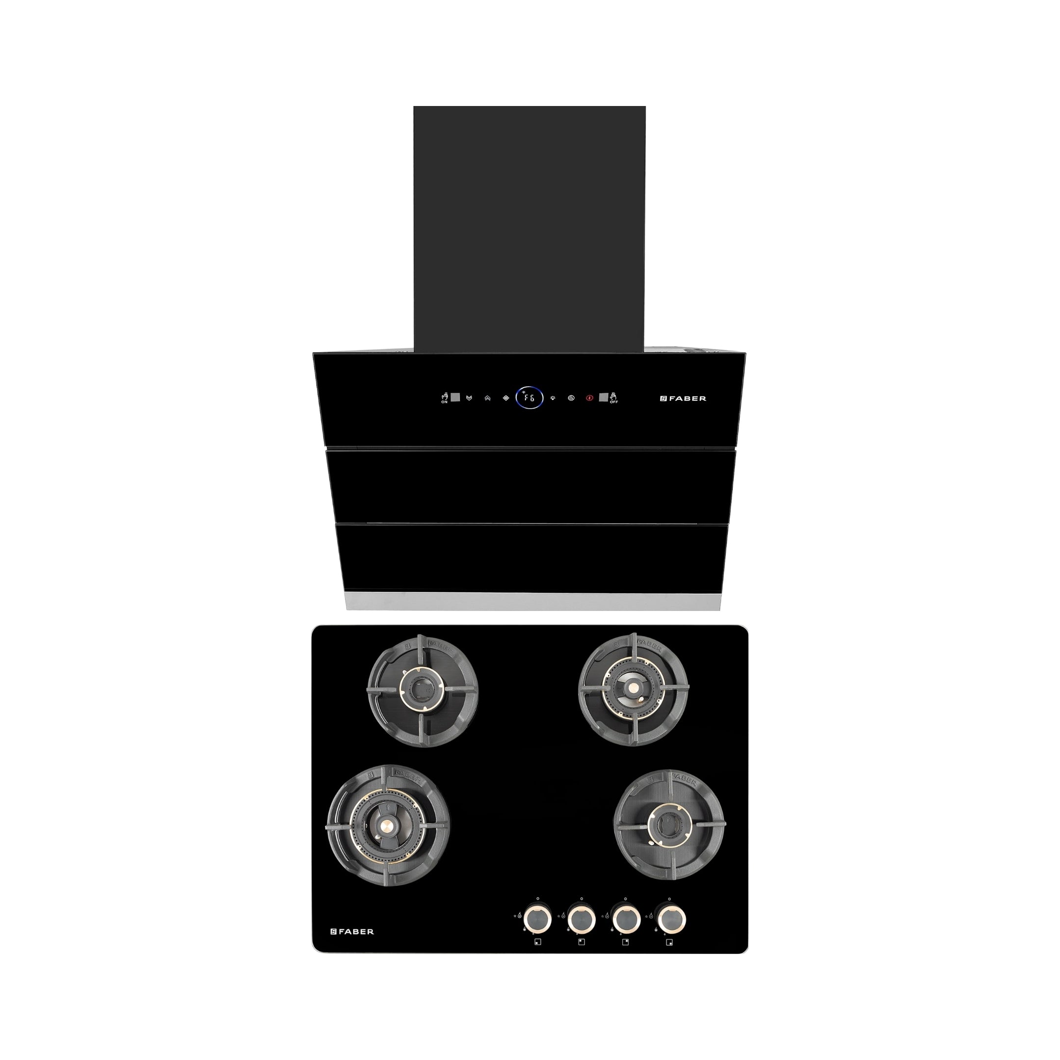 Faber 60 cm Wall Mounted Chimney Gen-I Series COMET BLDC FL HC BK 60 + Faber 70 cm 4 Burner Hob Experia Series EXPERIA HT 704 ALU AI