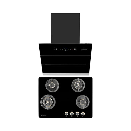 Faber 60 cm Wall Mounted Chimney Gen-I Series COMET BLDC FL HC BK 60 + Faber 70 cm 4 Burner Hob Experia Series EXPERIA HT 704 ALU AI