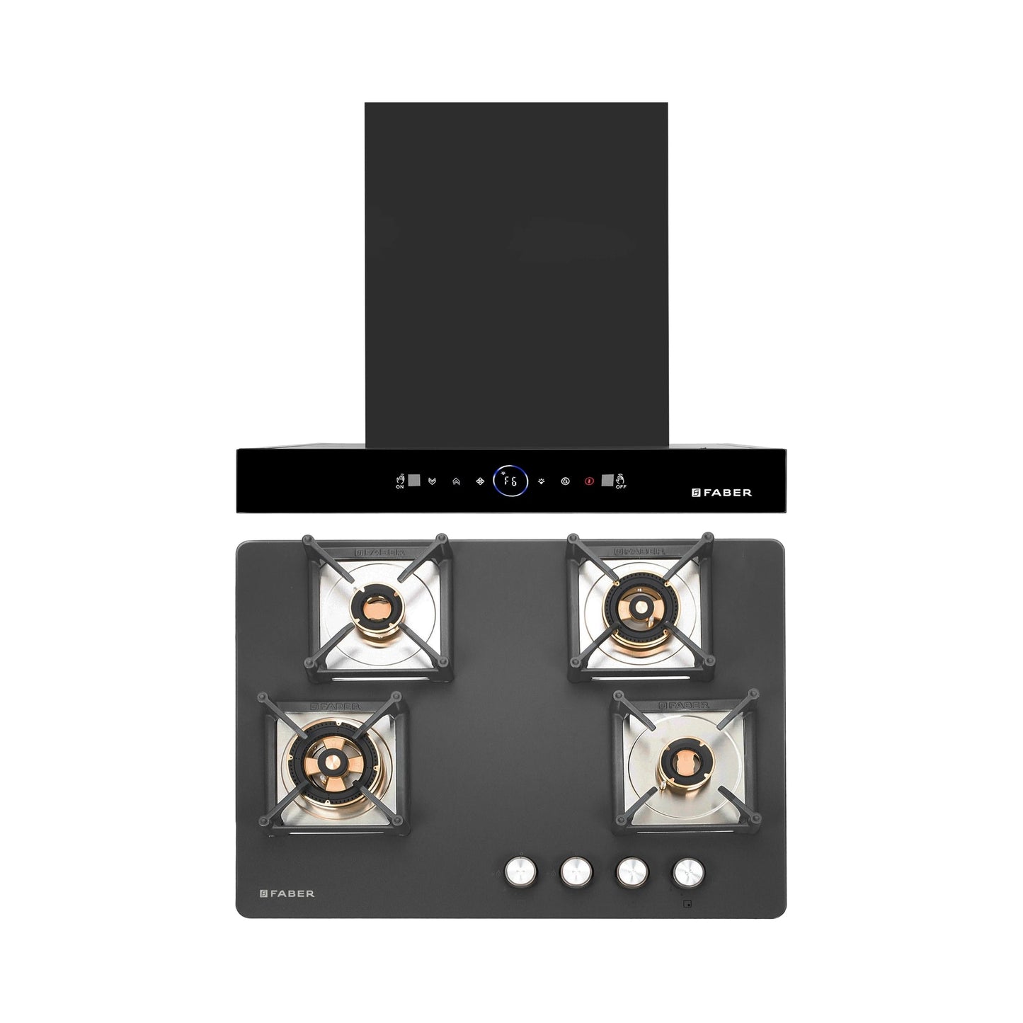 Faber 60 cm Wall Mounted Chimney Gen-I Series DAZZLE BLDC FL HC BK 60 + Faber 70 cm 4 Burner Hob Bella Series BELLA HT 704 BR AI