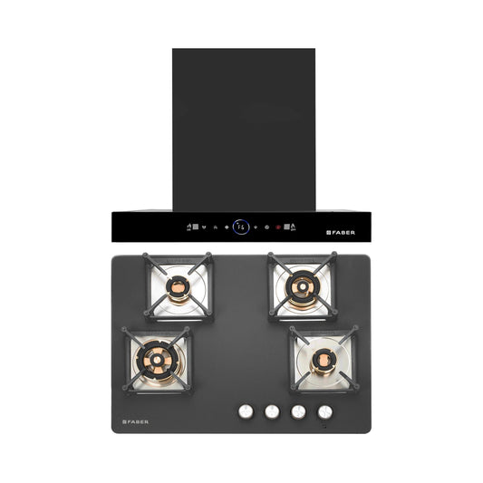 Faber 60 cm Wall Mounted Chimney Gen-I Series DAZZLE BLDC FL HC BK 60 + Faber 70 cm 4 Burner Hob Bella Series BELLA HT 704 BR AI
