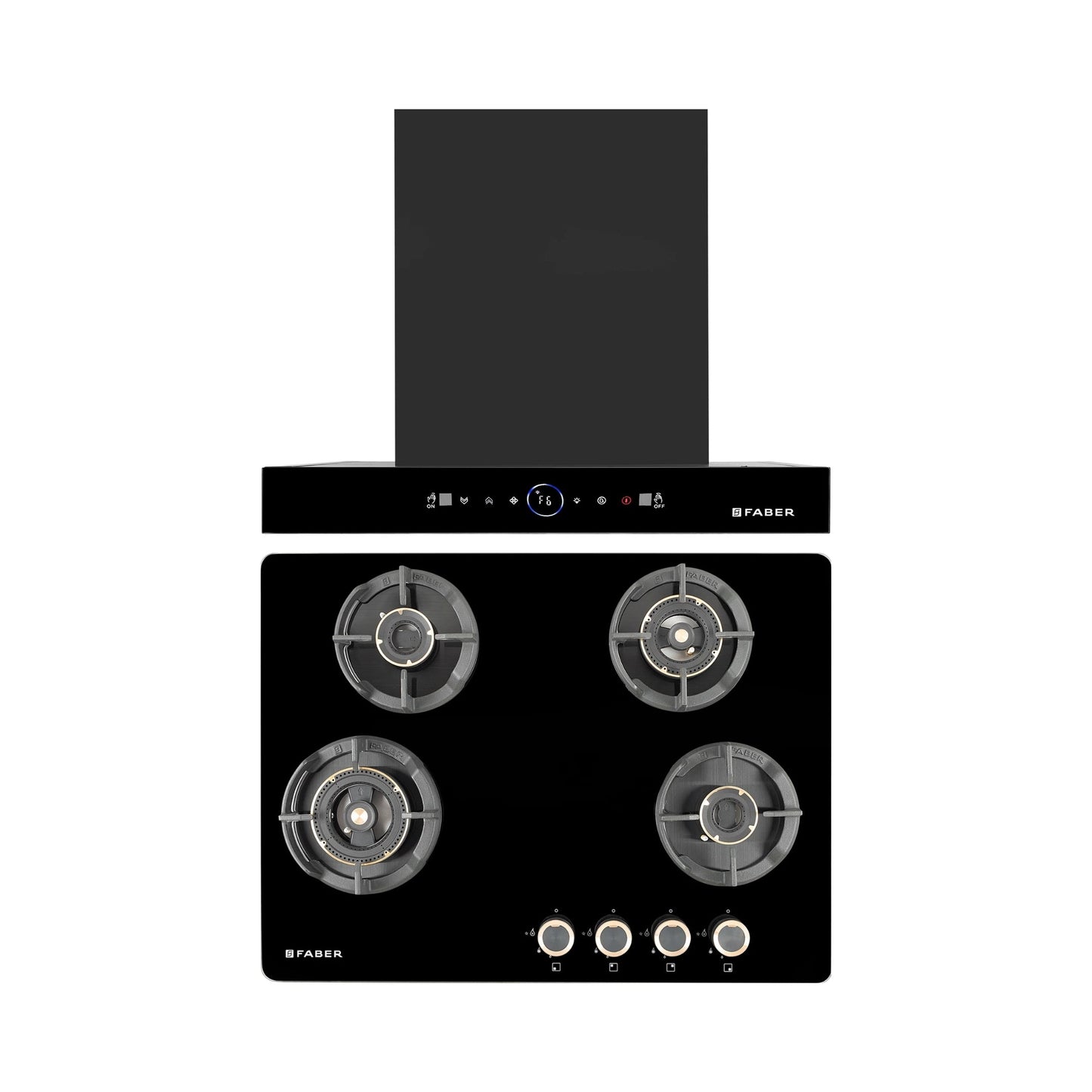Faber 60 cm Wall Mounted Chimney Gen-I Series DAZZLE BLDC FL HC BK 60 + Faber 70 cm 4 Burner Hob Experia Series EXPERIA HT 704 ALU AI