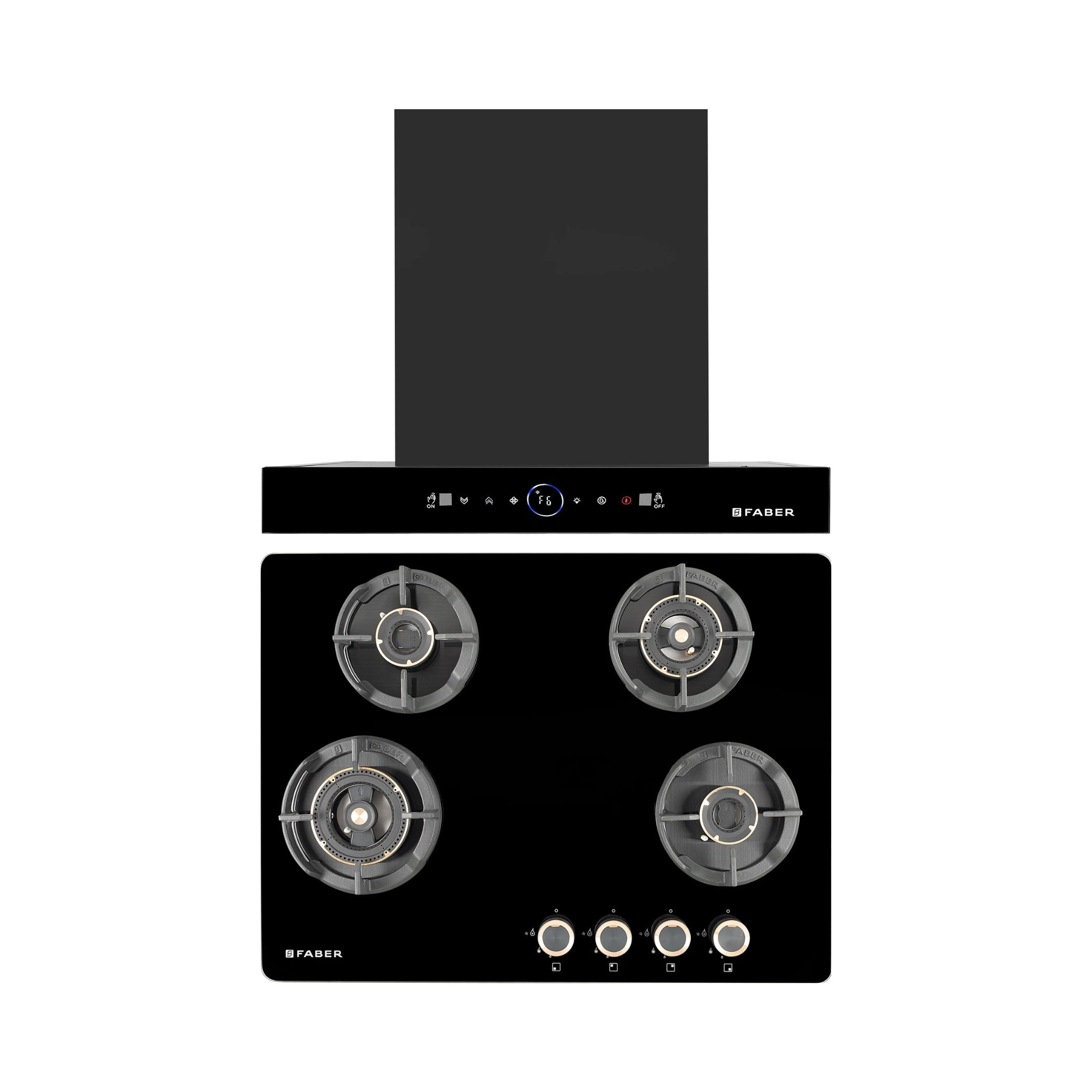 Faber 60 cm Wall Mounted Chimney Gen-I Series DAZZLE BLDC FL HC BK 60 + Faber 70 cm 4 Burner Hob Experia Series EXPERIA HT 704 ALU AI
