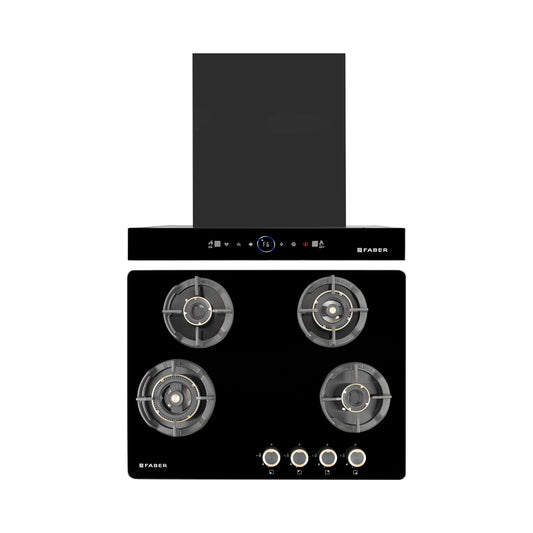 Faber 60 cm Wall Mounted Chimney Gen-I Series DAZZLE BLDC FL HC BK 60 + Faber 70 cm 4 Burner Hob Experia Series EXPERIA HT 704 ALU AI