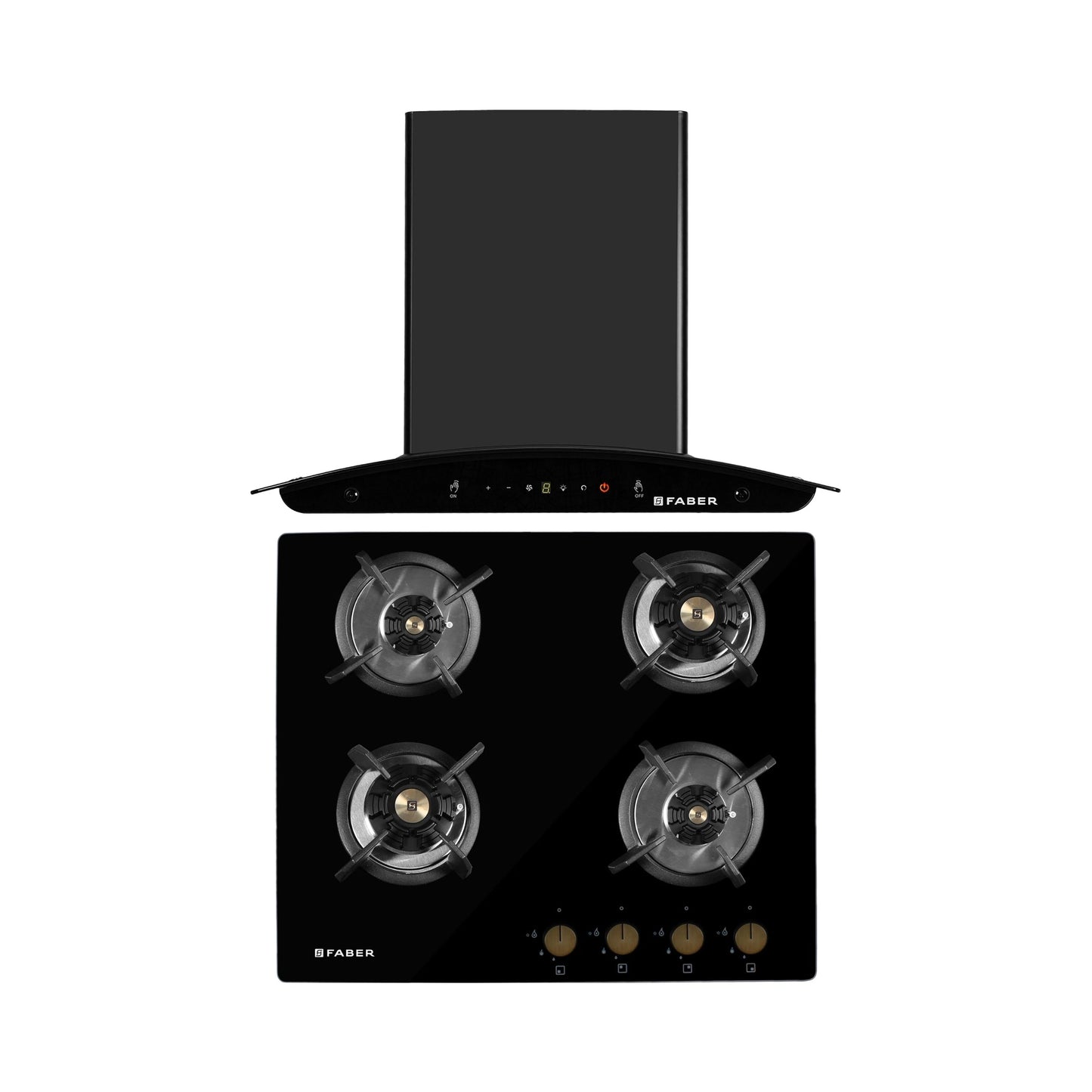 Faber 60 cm Wall Mounted Chimney Gen-I Series MYSTIC BLDC FL HC BK 60 + Faber 60 cm 4 Burner Hob Maxus Series MAXUS HT 604 CRS BR CI AI
