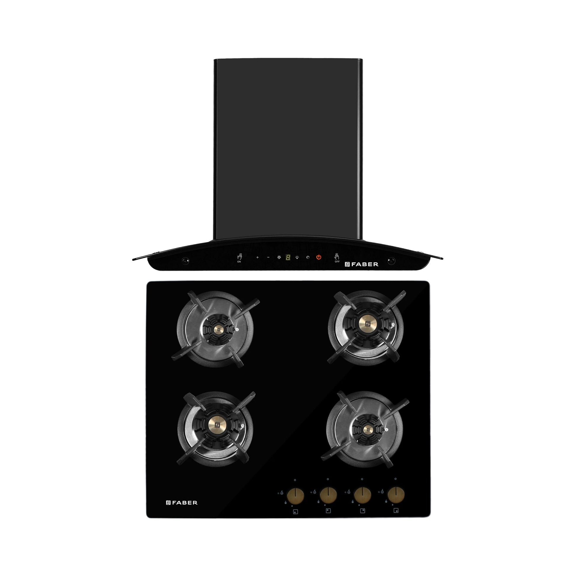 Faber 60 cm Wall Mounted Chimney Gen-I Series MYSTIC BLDC FL HC BK 60 + Faber 60 cm 4 Burner Hob Maxus Series MAXUS HT 604 CRS BR CI AI