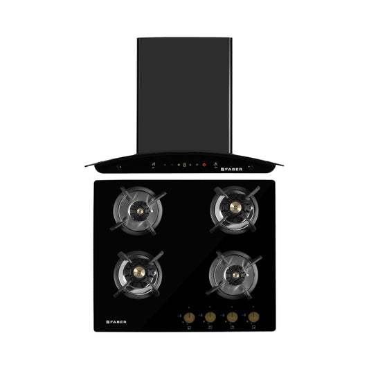 Faber 60 cm Wall Mounted Chimney Gen-I Series MYSTIC BLDC FL HC BK 60 + Faber 60 cm 4 Burner Hob Maxus Series MAXUS HT 604 CRS BR CI AI
