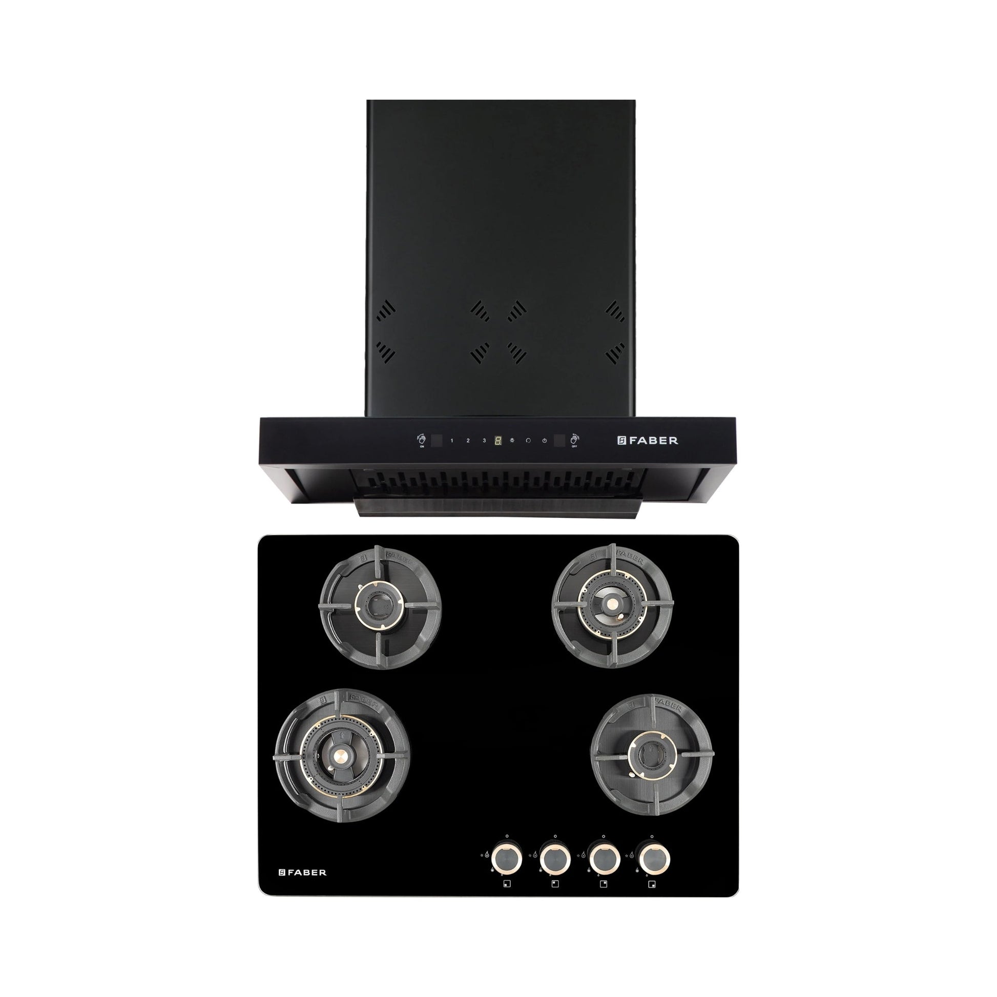 Faber 60 cm Wall Mounted Chimney HOOD CYGNUS IN 3D HC SC FL BK 60 + Faber 70 cm 4 Burner Hob Experia Series EXPERIA HT 704 ALU AI