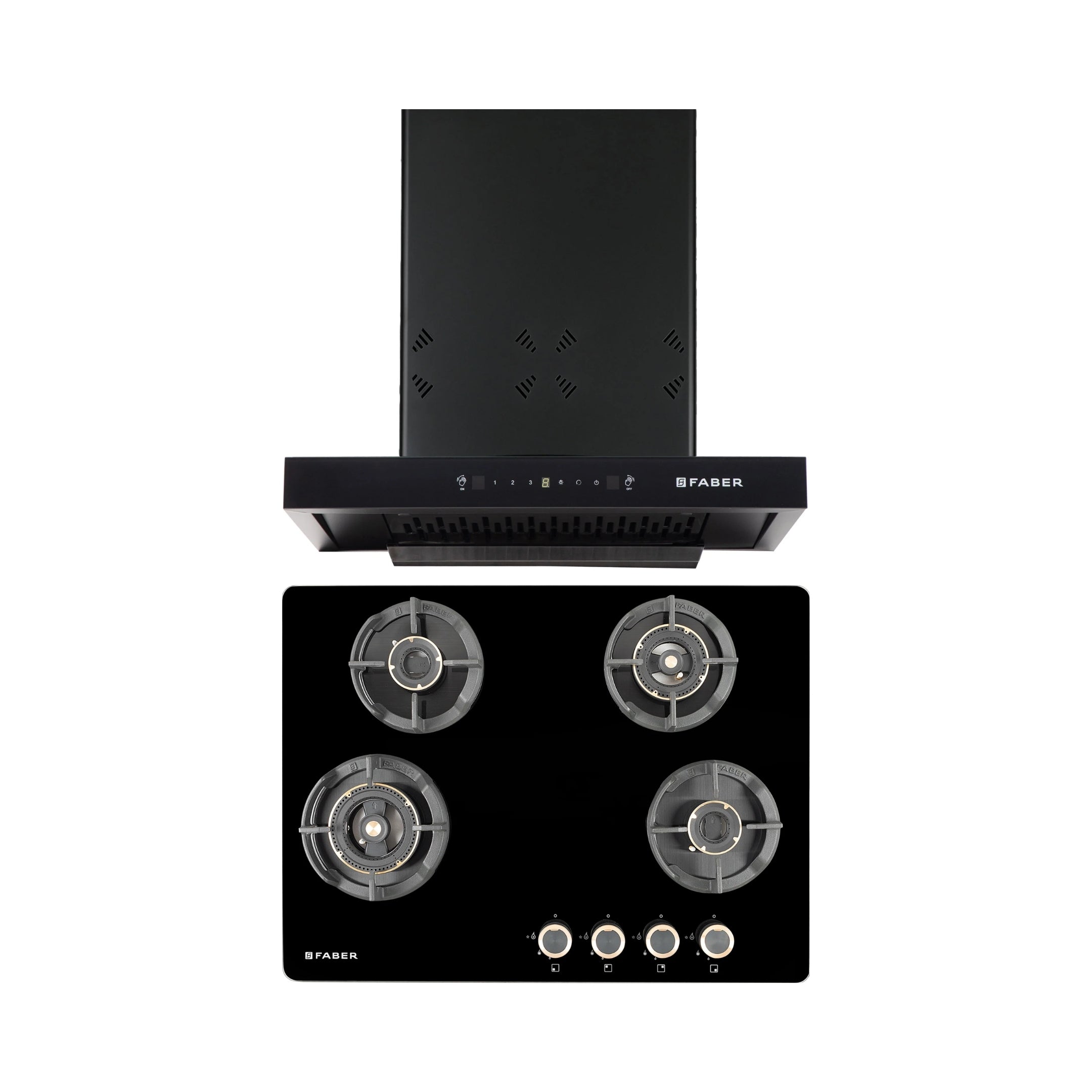 Faber 60 cm Wall Mounted Chimney HOOD CYGNUS IN 3D HC SC FL BK 60 + Faber 70 cm 4 Burner Hob Experia Series EXPERIA HT 704 ALU AI