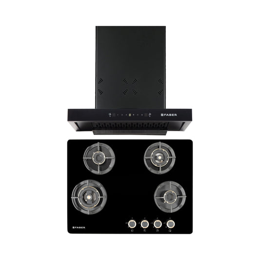 Faber 60 cm Wall Mounted Chimney HOOD CYGNUS IN 3D HC SC FL BK 60 + Faber 70 cm 4 Burner Hob Experia Series EXPERIA HT 704 ALU AI