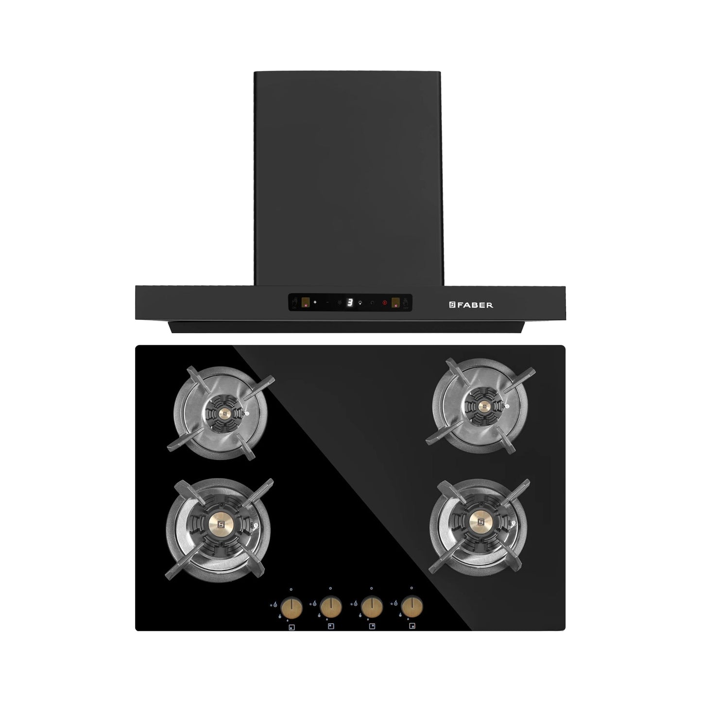 Faber 75 cm Wall Mounted Chimney Charm Series HOOD CHARM BLDC HC SC FL BK IN 75 T + Faber 78 cm 4 Burner Hob Maxus Series MAXUS HT 784 CRS BR CI AI