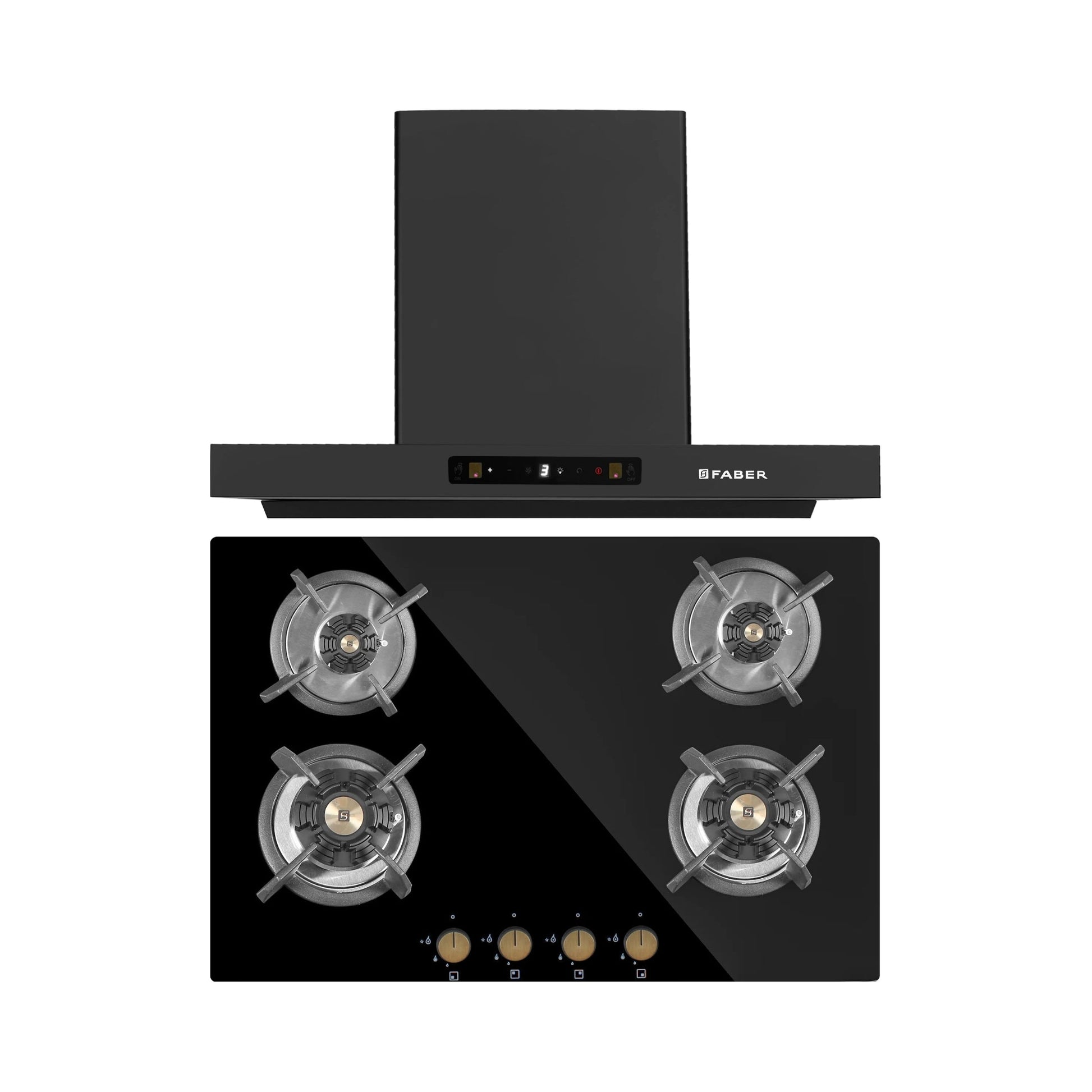 Faber 75 cm Wall Mounted Chimney Charm Series HOOD CHARM BLDC HC SC FL BK IN 75 T + Faber 78 cm 4 Burner Hob Maxus Series MAXUS HT 784 CRS BR CI AI