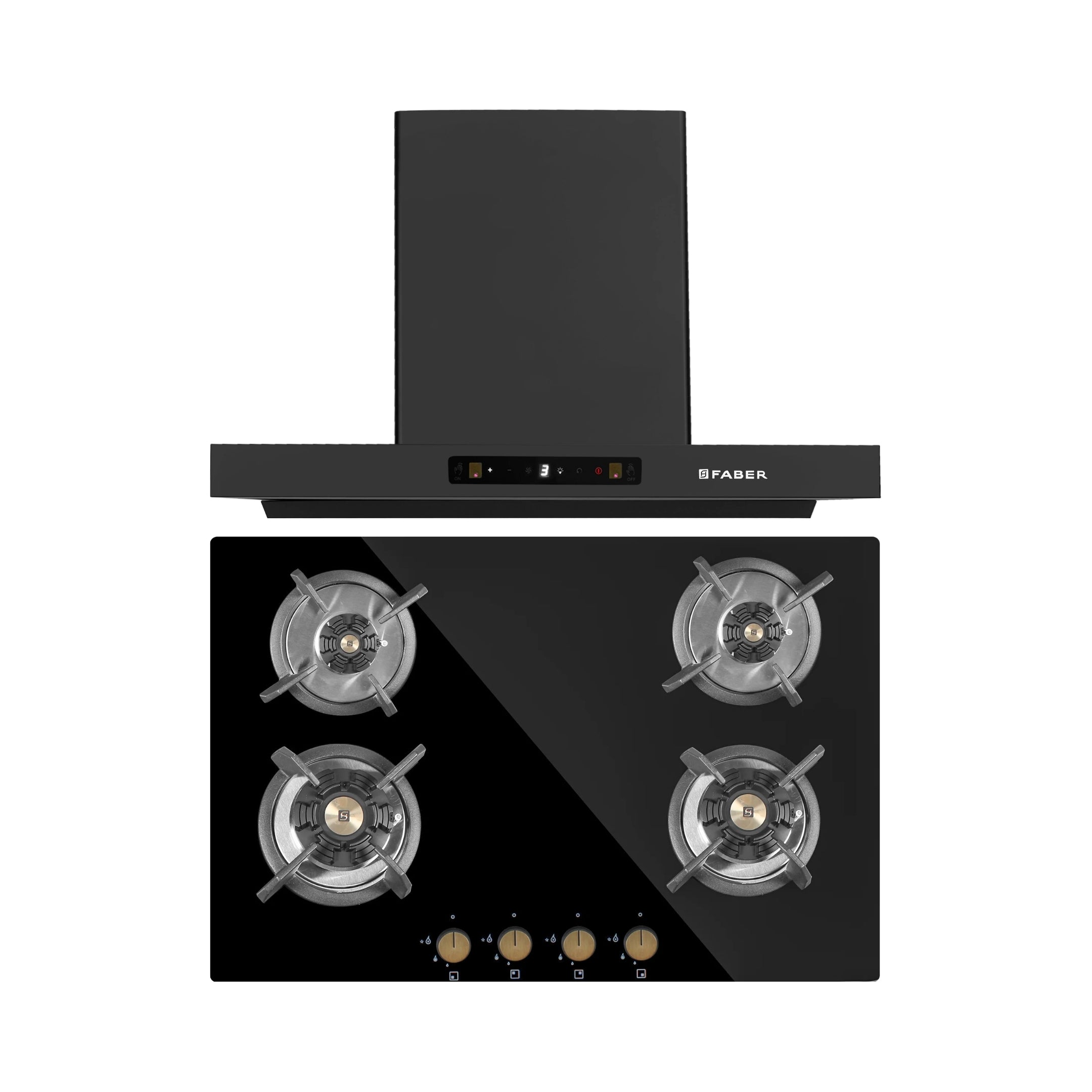 Faber 75 cm Wall Mounted Chimney Charm Series HOOD CHARM BLDC HC SC FL BK IN 75 T + Faber 78 cm 4 Burner Hob Maxus Series MAXUS HT 784 CRS BR CI AI