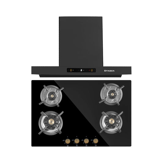 Faber 75 cm Wall Mounted Chimney Charm Series HOOD CHARM BLDC HC SC FL BK IN 75 T + Faber 78 cm 4 Burner Hob Maxus Series MAXUS HT 784 CRS BR CI AI