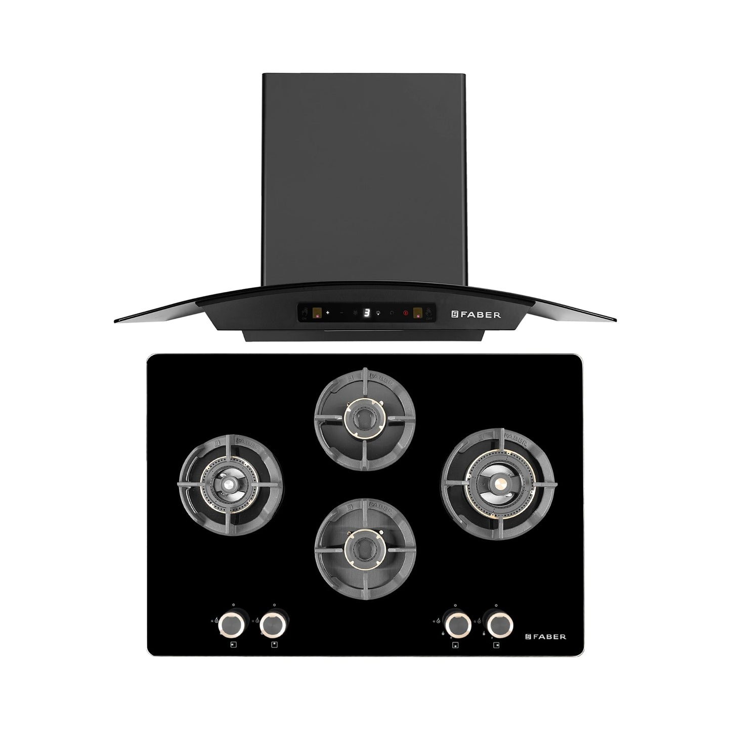 Faber 75 cm Wall Mounted Chimney Zeal Series HOOD ZEAL BLDC HC SC FL BK IN 75 C + Faber 75 cm 4 Burner Hob Experia Series EXPERIA HT 754 ALU AI FFD