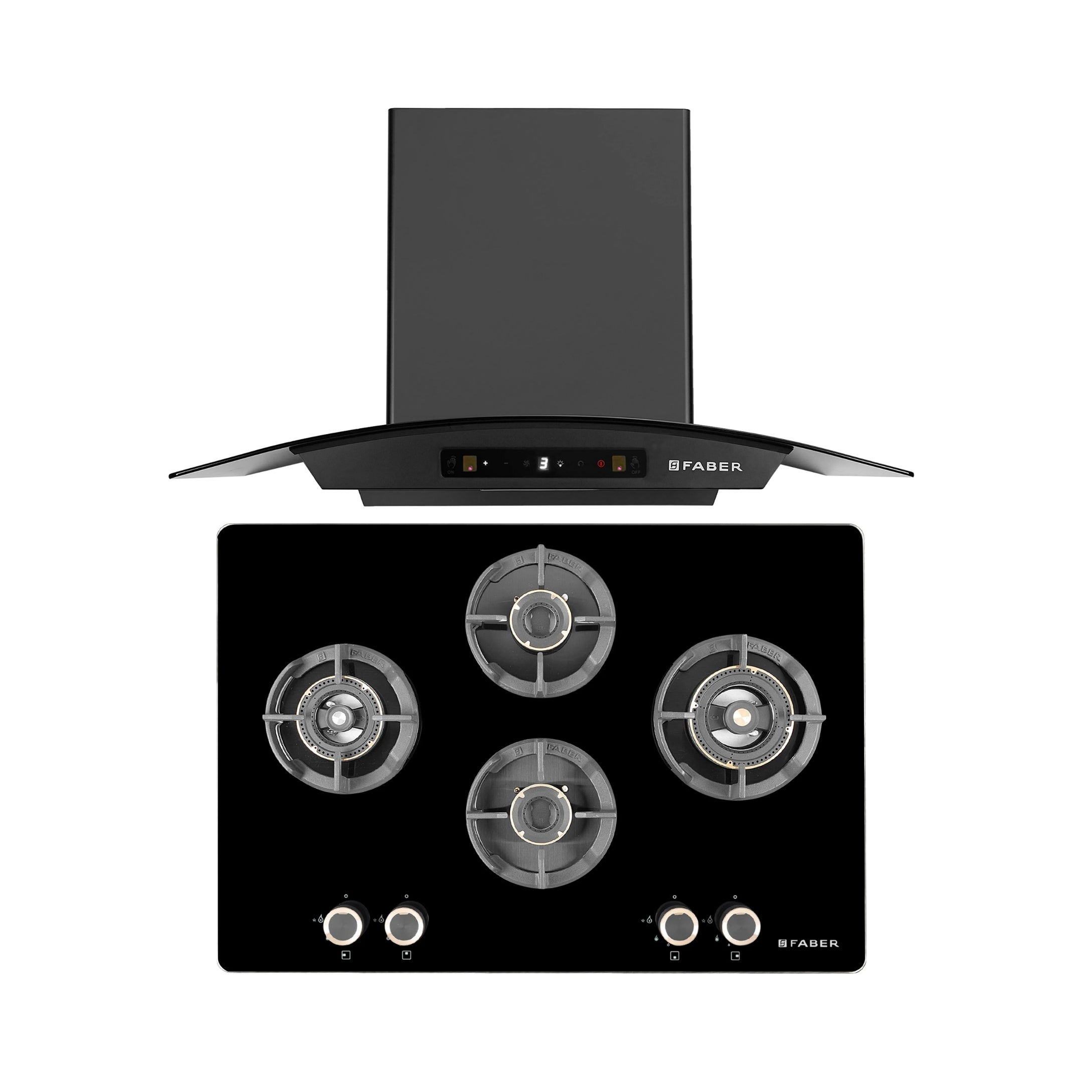Faber 75 cm Wall Mounted Chimney Zeal Series HOOD ZEAL BLDC HC SC FL BK IN 75 C + Faber 75 cm 4 Burner Hob Experia Series EXPERIA HT 754 ALU AI FFD