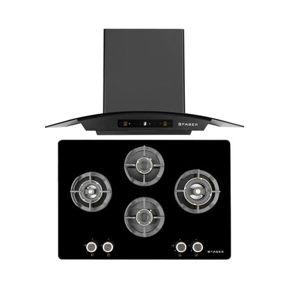 Faber 75 cm Wall Mounted Chimney Zeal Series HOOD ZEAL BLDC HC SC FL BK IN 75 C + Faber 75 cm 4 Burner Hob Experia Series EXPERIA HT 754 ALU AI FFD