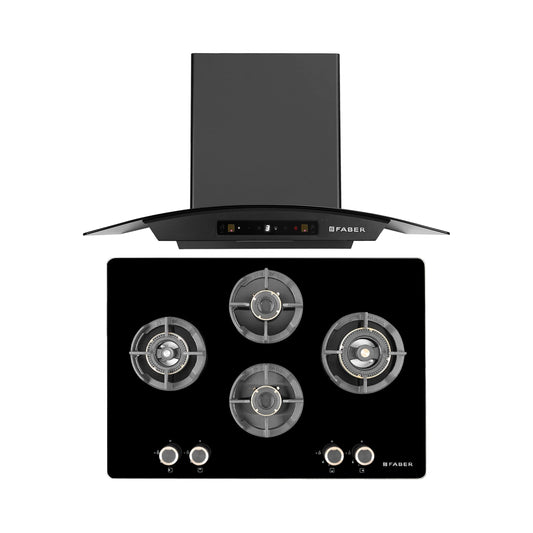 Faber 75 cm Wall Mounted Chimney Zeal Series HOOD ZEAL BLDC HC SC FL BK IN 75 C + Faber 75 cm 4 Burner Hob Experia Series EXPERIA HT 754 ALU AI FFD
