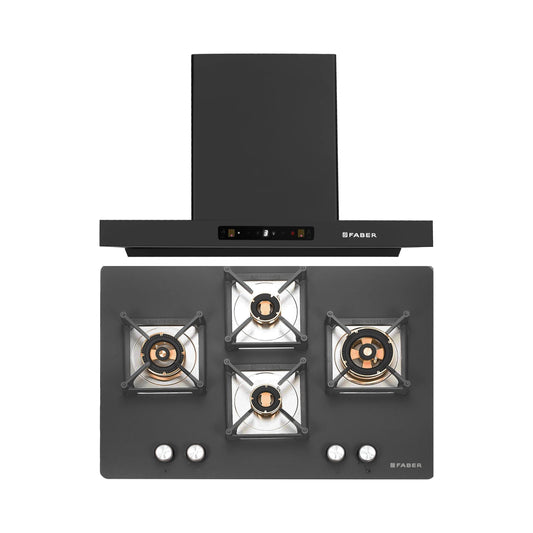 Faber 75 cm Wall Mounted Chimney Charm Series HOOD CHARM BLDC HC SC FL BK IN 75 T + Faber 75 cm 4 Burner Hob Bella Series BELLA HT 754 BR AI