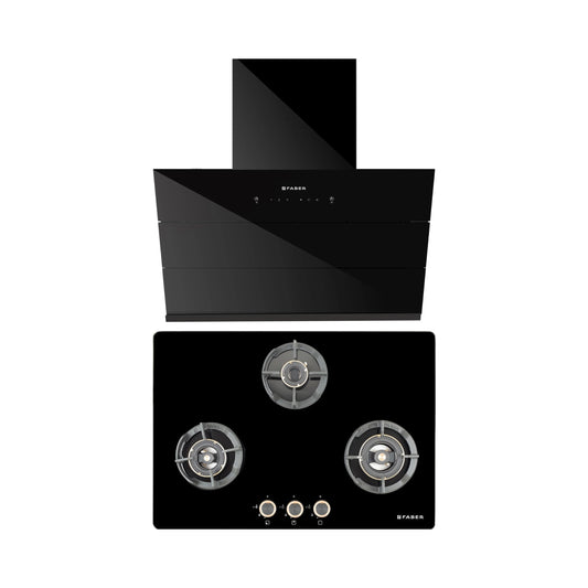 Faber 75 cm Wall Mounted Chimney Auto Clean Series HOOD ARIES FL HC SC BK IN 75 + Faber 75 cm 3 Burner Hob Experia Series EXPERIA HT 753 ALU AI FFD