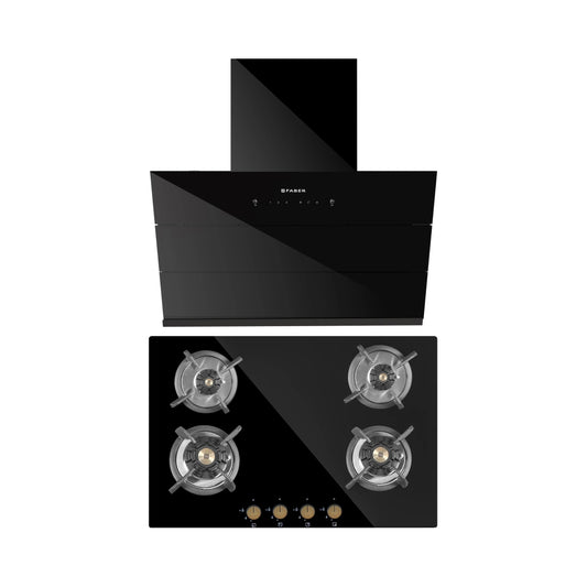 Faber 75 cm Wall Mounted Chimney Auto Clean Series HOOD ARIES FL HC SC BK IN 75 + Faber 78 cm 4 Burner Hob Maxus Series MAXUS HT 784 CRS BR CI AI