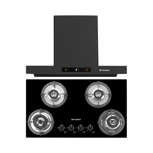 Faber 75 cm Wall Mounted Chimney Charm Series HOOD CHARM BLDC HC SC FL BK IN 75 T + Faber 76 cm 4 Burner Hob Superia Series SUPERIA HT764 BR AI