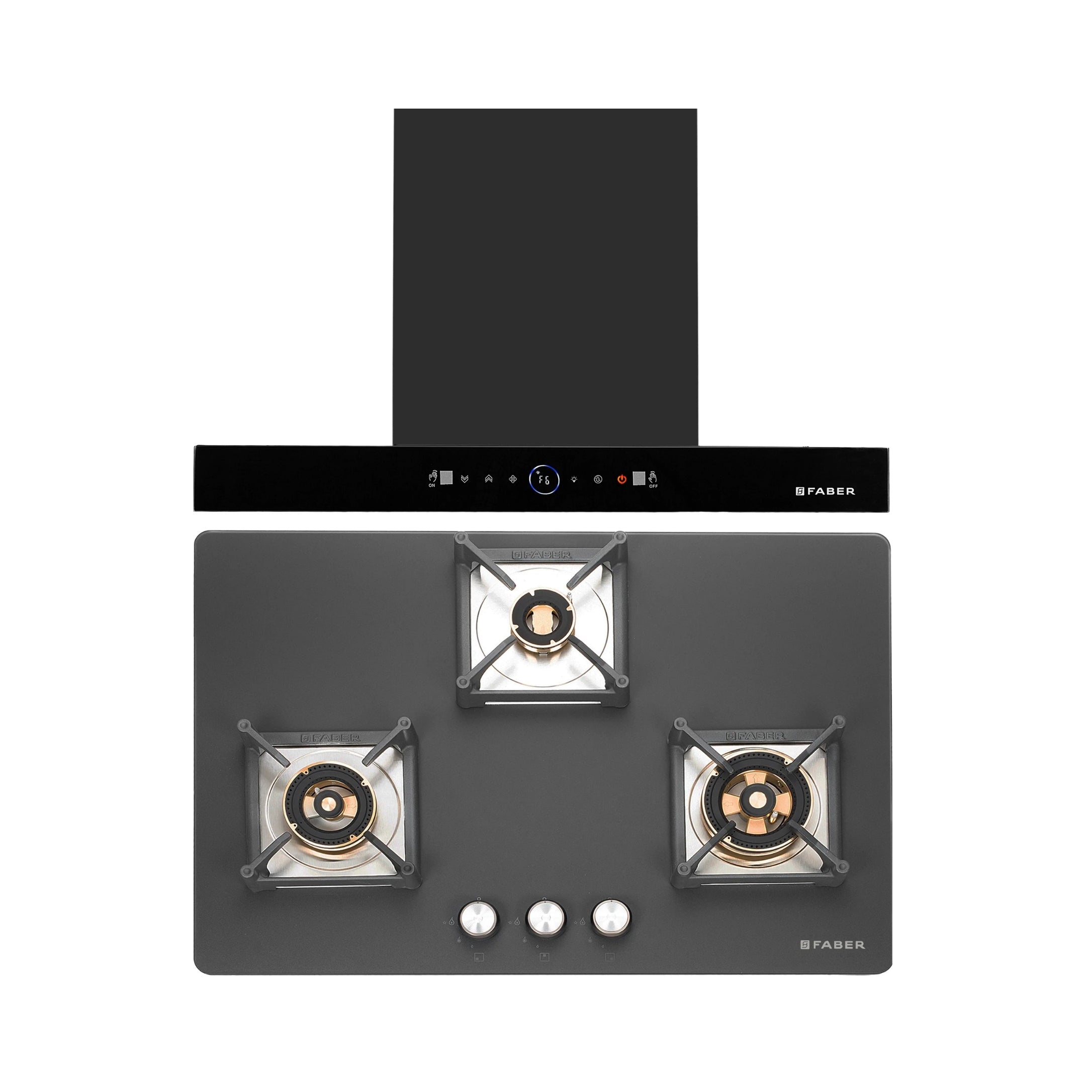 Faber 75 cm Wall Mounted Chimney Gen-I Series DAZZLE BLDC FL HC BK 75 + Faber 75 cm 3 Burner Hob Bella Series BELLA HT 753 BR AI