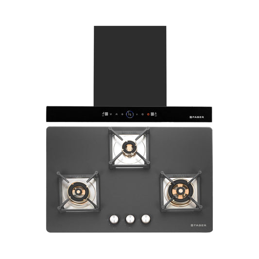 Faber 75 cm Wall Mounted Chimney Gen-I Series DAZZLE BLDC FL HC BK 75 + Faber 75 cm 3 Burner Hob Bella Series BELLA HT 753 BR AI