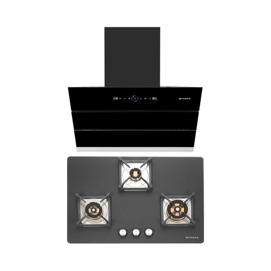 Faber 75 cm Wall Mounted Chimney Gen-I Series COMET BLDC FL HC BK 75 + Faber 75 cm 3 Burner Hob Bella Series BELLA HT 753 BR AI