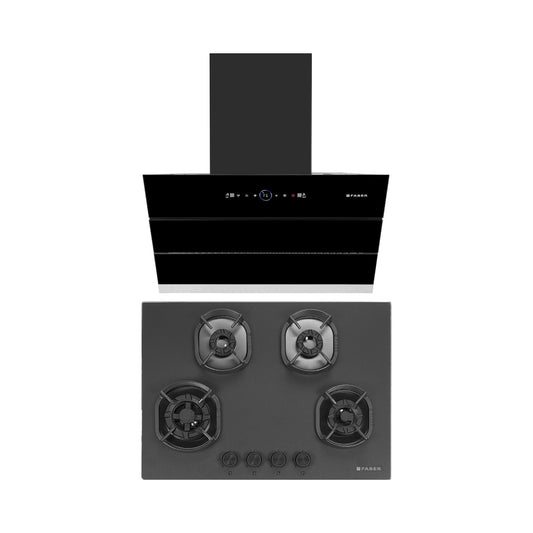 Faber 75 cm Wall Mounted Chimney Gen-I Series COMET BLDC FL HC BK 75 + Faber 72 cm 4 Burner Hob Della Series DELLA HD 724 CI AI