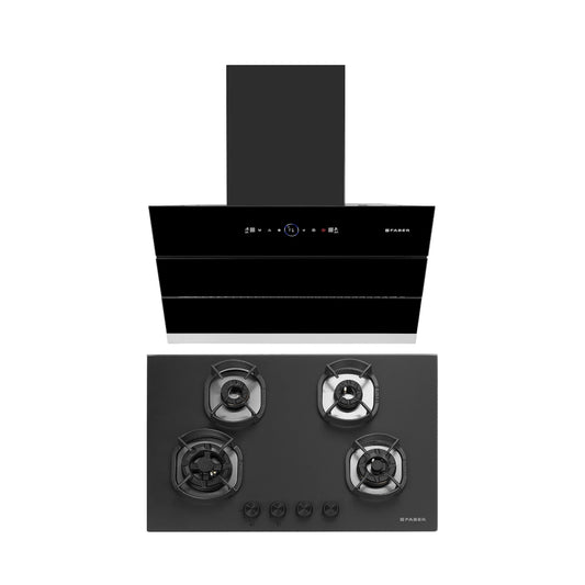 Faber 75 cm Wall Mounted Chimney Gen-I Series COMET BLDC FL HC BK 75 + Faber 78 cm 4 Burner Hob Della Series DELLA HD 784 CI AI