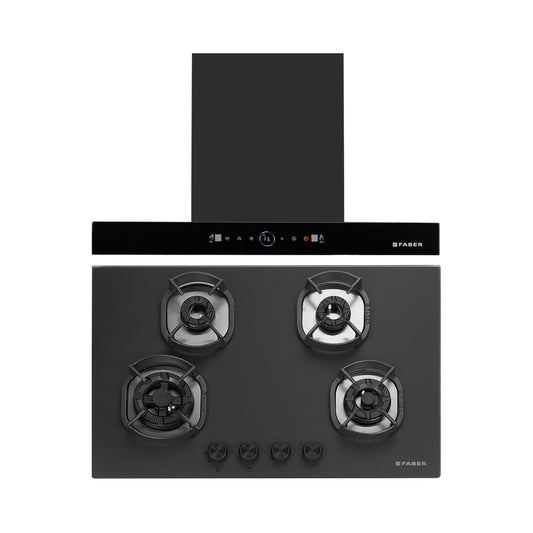 Faber 75 cm Wall Mounted Chimney Gen-I Series DAZZLE BLDC FL HC BK 75 + Faber 78 cm 4 Burner Hob Della Series DELLA HD 784 CI AI