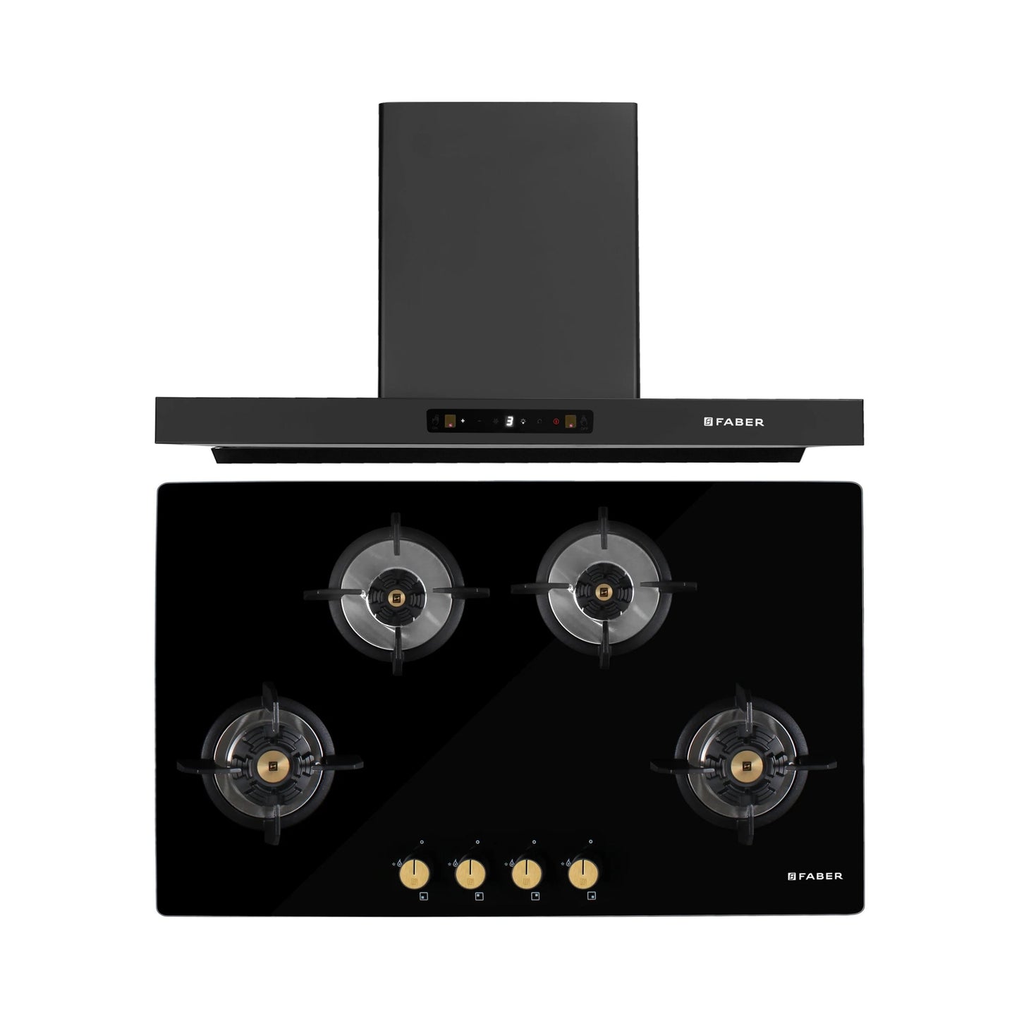 Faber 90 cm Wall Mounted Chimney Charm Series HOOD CHARM BLDC HC SC FL BK IN 90 T + Faber 90 cm 4 Burner Hob Maxus Series MAXUS HT 904 CRS BR CI AI