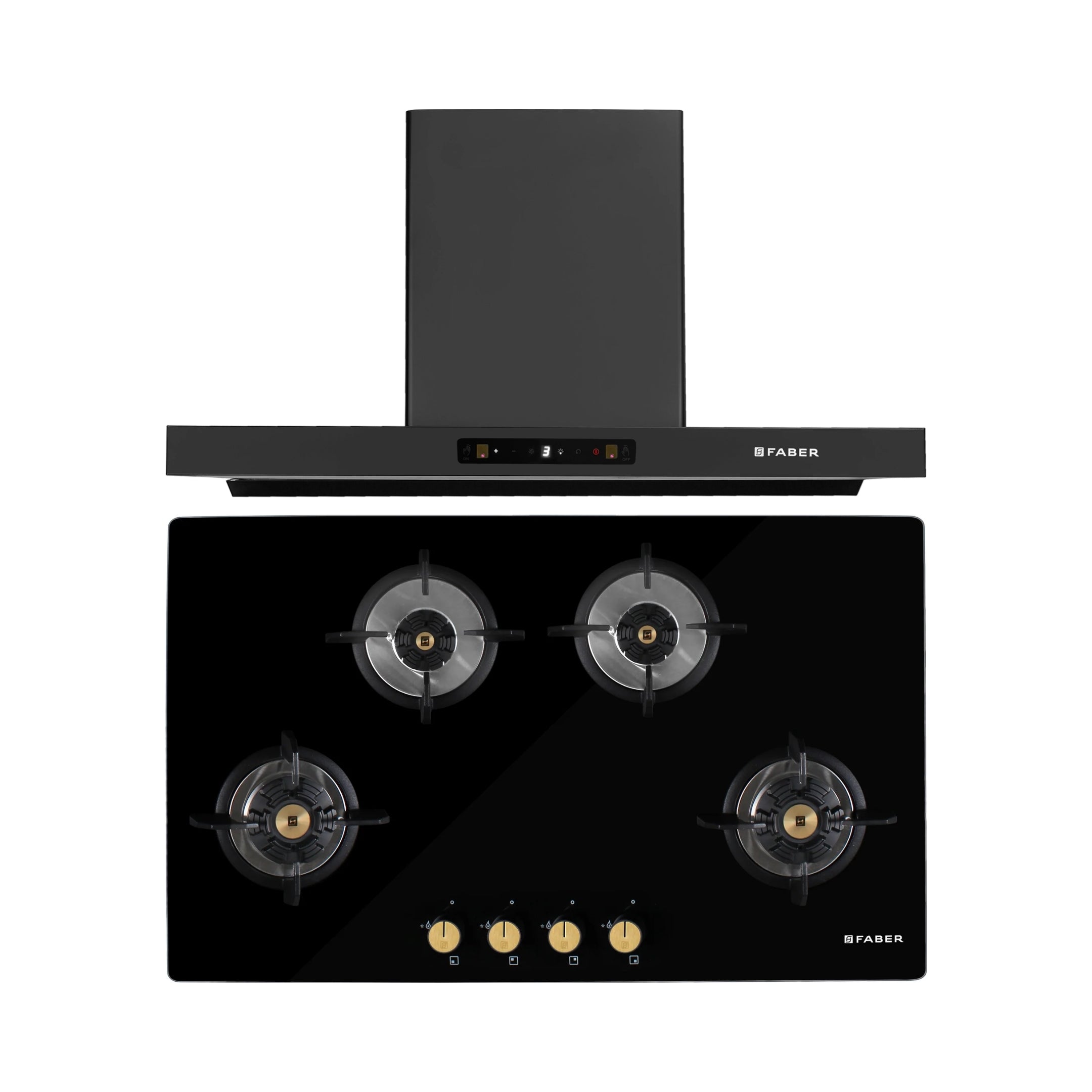 Faber 90 cm Wall Mounted Chimney Charm Series HOOD CHARM BLDC HC SC FL BK IN 90 T + Faber 90 cm 4 Burner Hob Maxus Series MAXUS HT 904 CRS BR CI AI