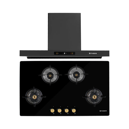Faber 90 cm Wall Mounted Chimney Charm Series HOOD CHARM BLDC HC SC FL BK IN 90 T + Faber 90 cm 4 Burner Hob Maxus Series MAXUS HT 904 CRS BR CI AI